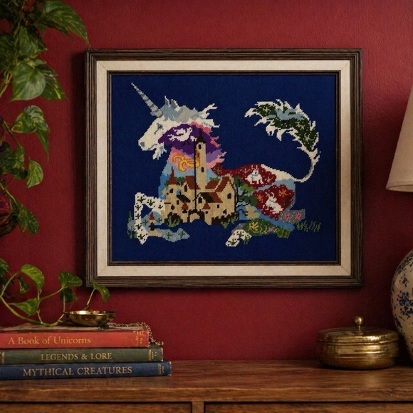 Handmade Other - VTG 1970s Unicorn Fantasy Needlepoint Framed Art 18x20 Handmade Wall Decor EUC